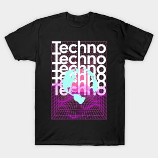 TECHNO  - Grid Globe (White/pink/blue) T-Shirt